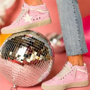Pink Canvas Distressed White Star High Top Sneakers